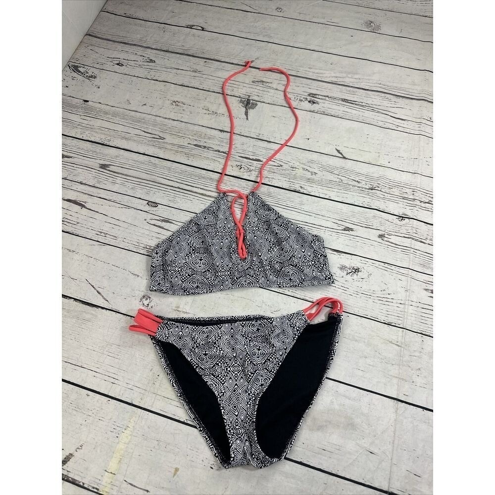 O'Rageous Womens Geometric Tribal Print Bikini Set Black White Coral Pink Large